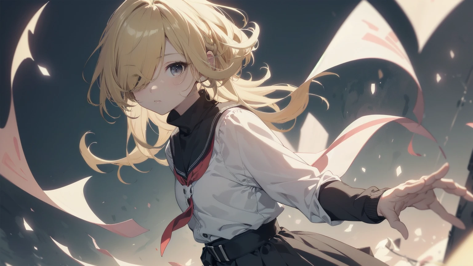 Highest quality, Anime Moe Art Style,Best Anime 8K Konachan Wallpaper,pixiv contest winners,Perfect Anatomy, (Please draw a girl walking sleepily to school...... ),break, 1 Girl, (alone,,,13 years old:1.3),high school student, short hair, amount, (Hair above one eye:1.7),All limbs, Full Finger,Medium Chest, Between the legs, Small eyes,accurate black eyes, Very detailed,High resolution,ultra high density skin, Professional Lighting,8K eye detail, (Cute illustrations:1.2),blonde，blonde hair，Expressionless，(Hair on one eye:1.5)，Highest quality, Anime Moe Art Style,Best Anime 8K Konachan Wallpaper,pixiv contest winners,Very detailed,High resolution,ultra high density skin, Professional Lighting,8K eye detail, (Cute illustrations:1.2),blonde，blonde hair，Expressionless，(Hair on one eye:1.5),カラフルでカラフルなshort hair，Wearing a yellow apricot colored JK uniform and a white pleated skirt，knee-length white silk，Rin々New and cute，A little sweet