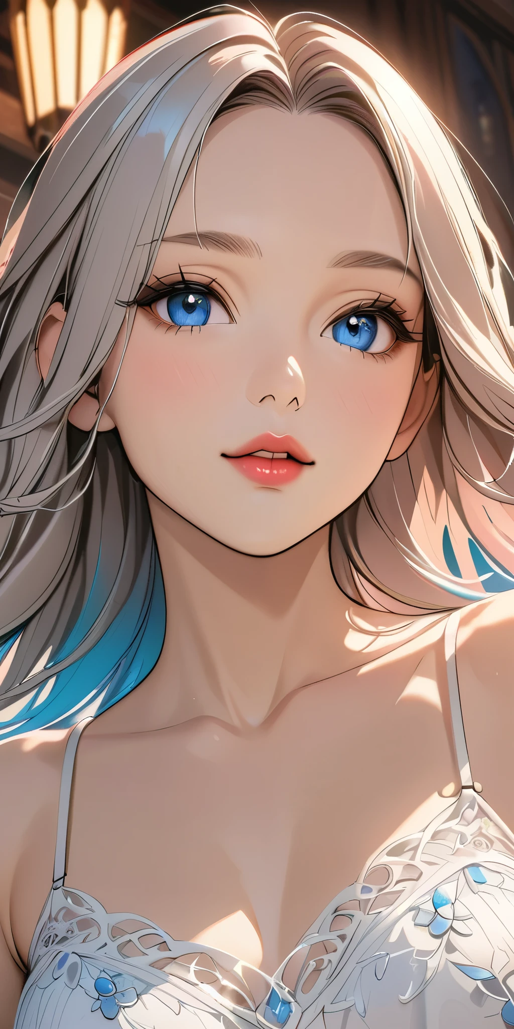 elegant young woman with long silver hair and vibrant blue eyes, wearing a short white camisole and cropped shirt, detailed face and body, beautiful detailed eyes, beautiful detailed lips, extremely detailed eyes and face, long eyelashes, illustration, anime style, highly detailed, 8K, photorealistic, masterpiece, vivid colors, soft lighting, delicate skin, flowing hair, detailed fabric textures, intricate details, dynamic pose