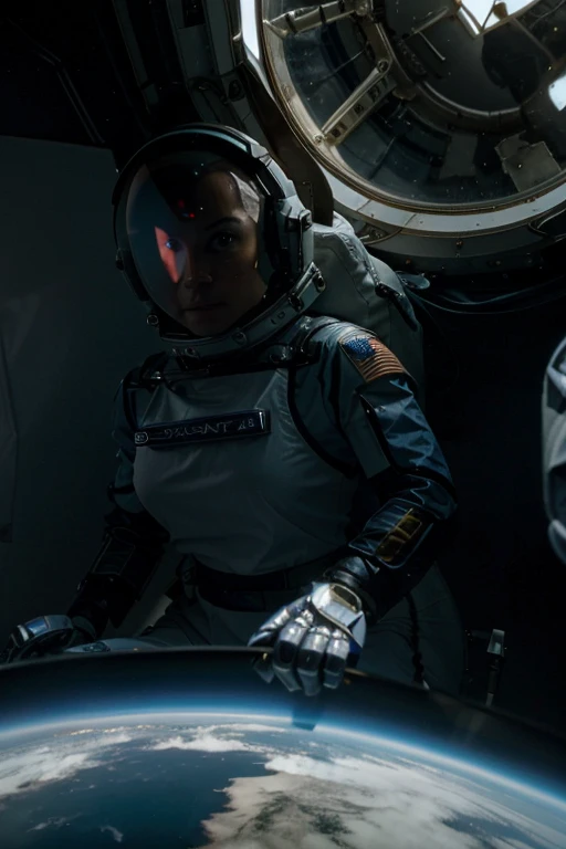 In the image we have 2 Astronauts in space uniform piloting a spacecraft, view inside the spacecraft. A humanoid robot is nearby helping.
