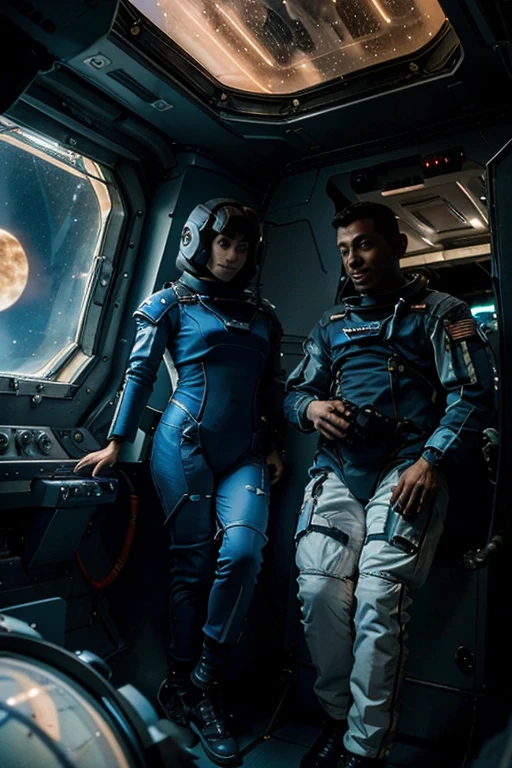 The 5 astronauts wearing space suits are in front of the creature observing , The humanoid being is a hybrid of a lizard and a fish, this being is watching, full body photography full body image. Environment overview.Inside the spacecraft. Walking in the laboratory, full body photo full body photo.