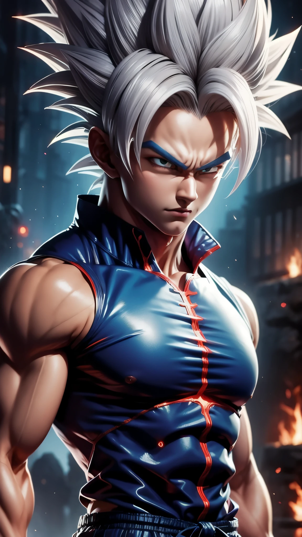 A true masterpiece of masculine beauty. goku, super sayagin 5, 20 years old, Wears a martial arts outfit and fights in a haunted and abandoned city, solo. Moonlight accentuates muscles just right. The landscape is lush and mysterious, with a dark city. The camera details everything. When looking at beautiful eyes, attractive blue eyes facing the viewer, one can clearly see every small detail, every perfect line, every detail of beautiful 8K quality skin, everyone is captivated by the beauty. Confidence radiates from every look. His head has white hair and his face is meticulously detailed in 8K quality images. Is a character in the Dragon Ball Seven series.​