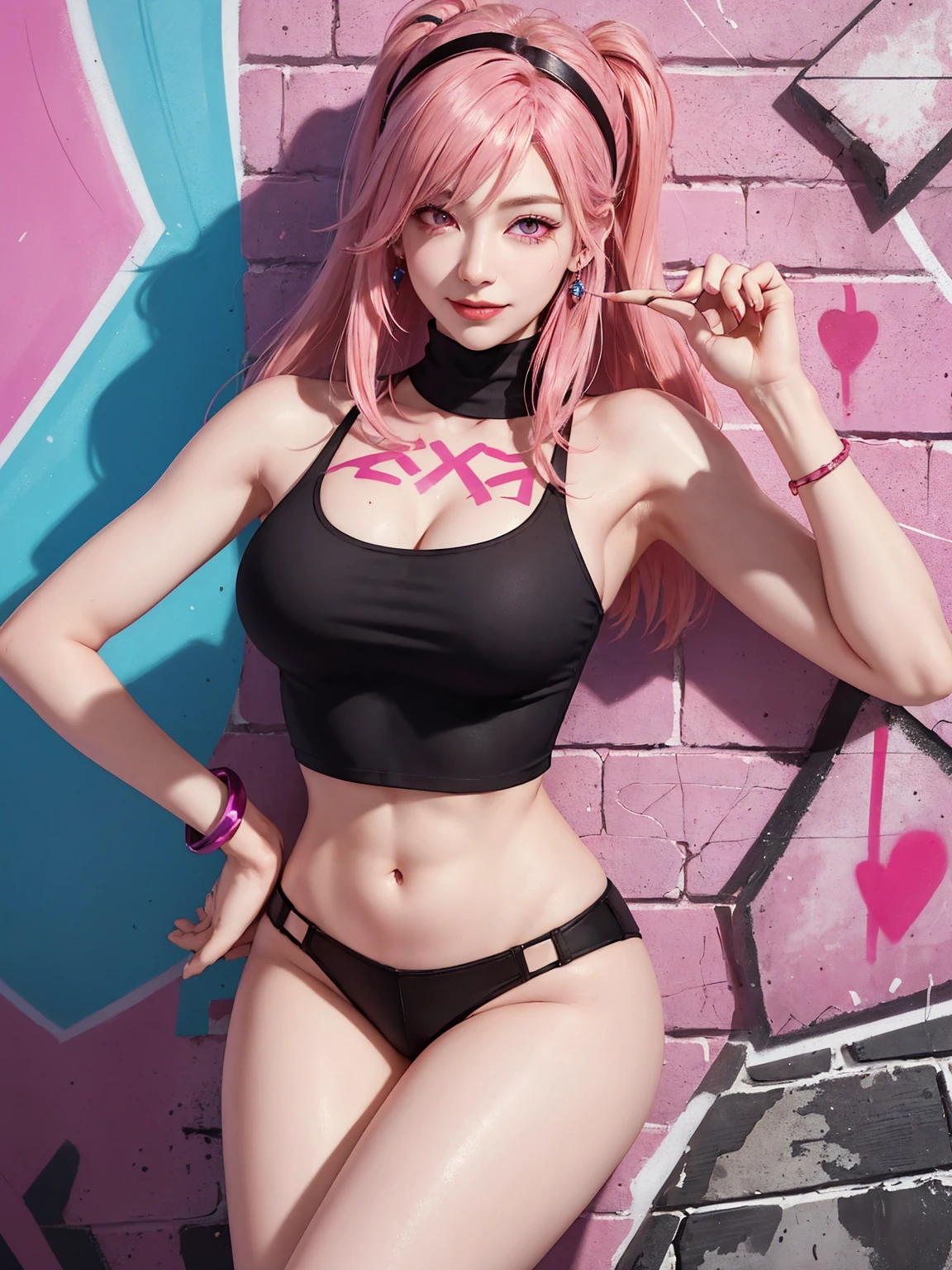 (Masterpiece, best quality, 1 girl, alone, complicated details, Chromatic aberration), realistic, ((Moderate breath)),long hair, pink hair, Red headpiece, Pink Highlights, hair on one eye,purple eyes, earring, sharp eyes, choker, Neon coat, She wears a collar, bangle, and kimono style garters., crop top, (symmetrical eyes),(Perfect symmetrical body),against the wall, Brick wall, (colorful graffiti words on the wall:1.2), The light is dim., alley ,Look at the viewer.、Dig the chest、smile、(sleeveless、Navel touch、Fitted turtleneck.)、street string hot pants、Thin bottom、Please build above the eaves..、Thin shoulders、in sportbar、