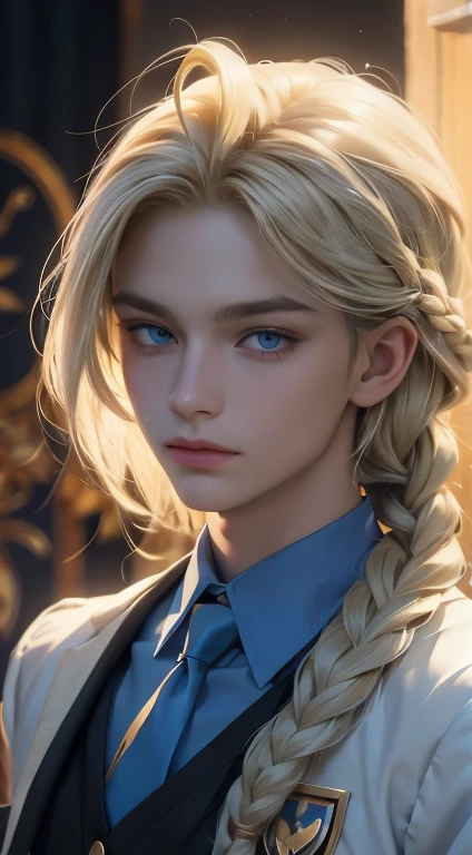 18 year old male, Yolk blonde hair with a braid, petroleum blue eyes, mole on the corner of the nose, wears magic academy uniform, High definition image, better quality of work, pixel richness