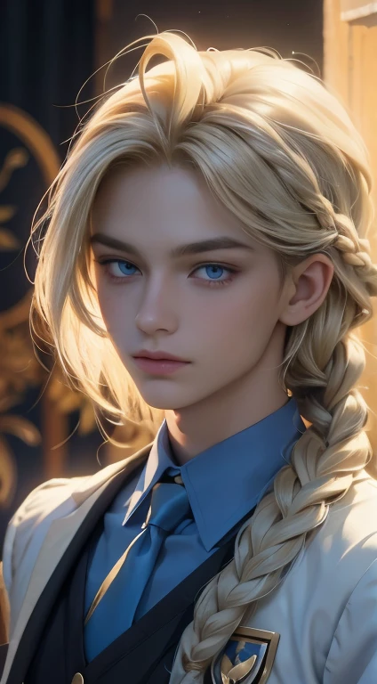 18 year old male, Yolk blonde hair with a braid, petroleum blue eyes, mole on the corner of the nose, wears magic academy uniform, High definition image, better quality of work, pixel richness