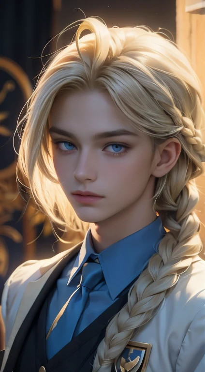 18 year old male, Yolk blonde hair with a braid, petroleum blue eyes, mole on the corner of the nose, wears magic academy uniform, High definition image, better quality of work, pixel richness