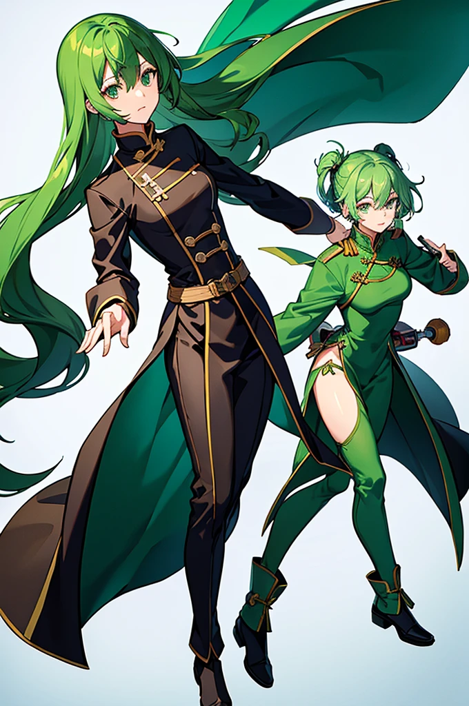 Green Hair、Shortcuts、Small breasts、standing、full body、Fighter、male、Uniform、Chinese Knight、Chinese style、White background、No exposure、China dress、pants、band