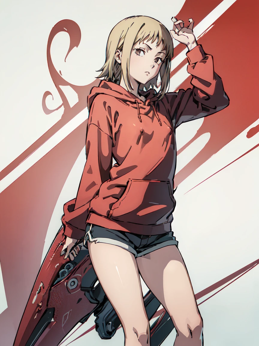 ((Highest quality)), ((masterpiece)), (be familiar with),Akane Sawatari,((Small breasts)),((Pointy nipples)),Tattoo of the uterus, Red hoodie,Shorts
