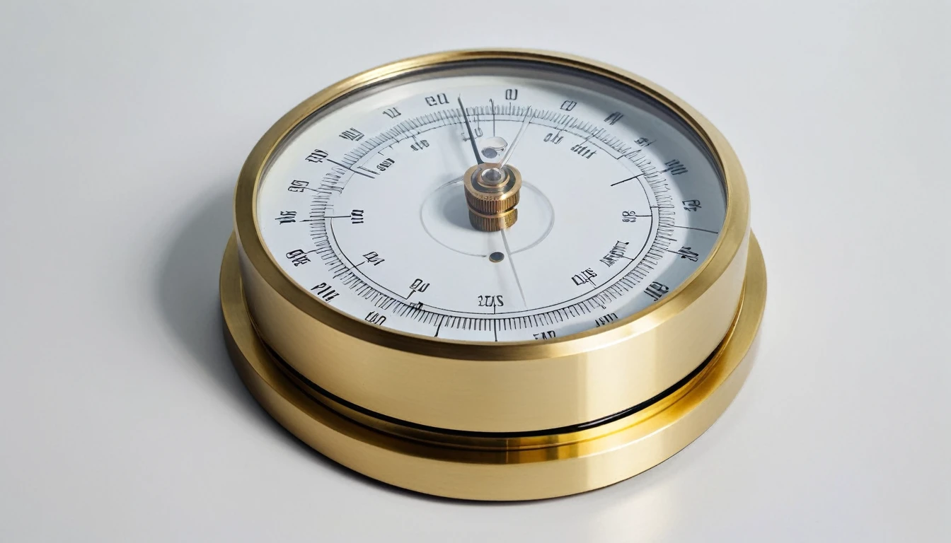 a highly detailed barometer, isolated on a clean white laboratory table, glass lens, brass body, precise scientific instrument, reflective metal, complex clockwork mechanism, scientific, minimalist, clean, bright lighting