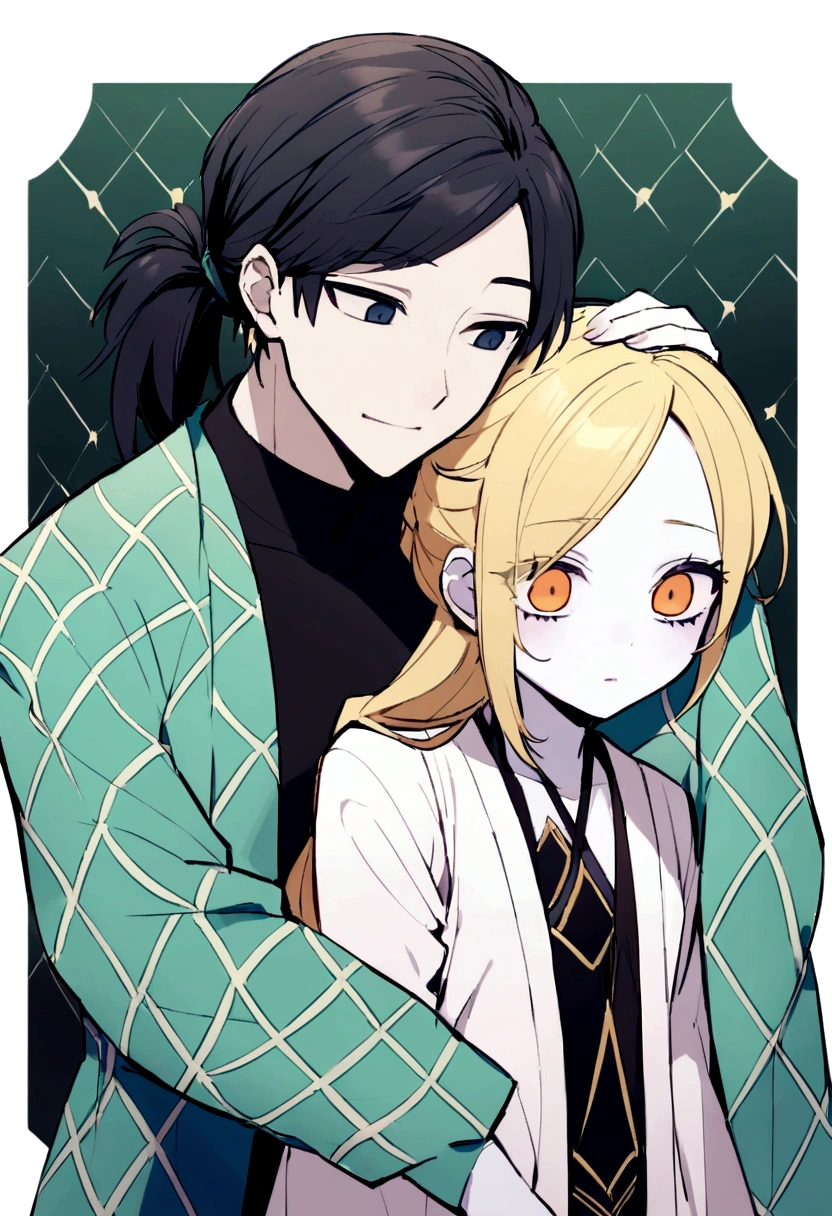 2girls, yuri, animal ear fluff, black hair, black kimono, blonde hair, blue eyes, blunt bangs, closed mouth, eyelashes, floral background, green dress, long hair, long skirt, long sleeves, looking away, mouth hold, mother and daughter, multiple girls, parted lips, profile, sitting, skirt, smile, white skirt, yellow eyes, masterpiece, best quality