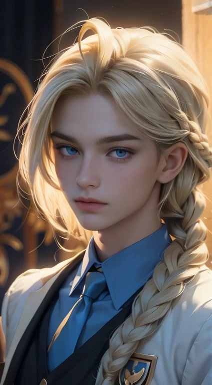 18 year old male, Yolk blonde hair with a braid, petroleum blue eyes, mole on the corner of the nose, wears magic academy uniform, High definition image, better quality of work, pixel richness