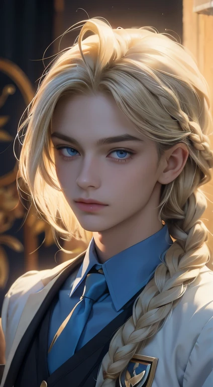 18 year old male, Yolk blonde hair with a braid, petroleum blue eyes, mole on the corner of the nose, wears magic academy uniform, High definition image, better quality of work, pixel richness