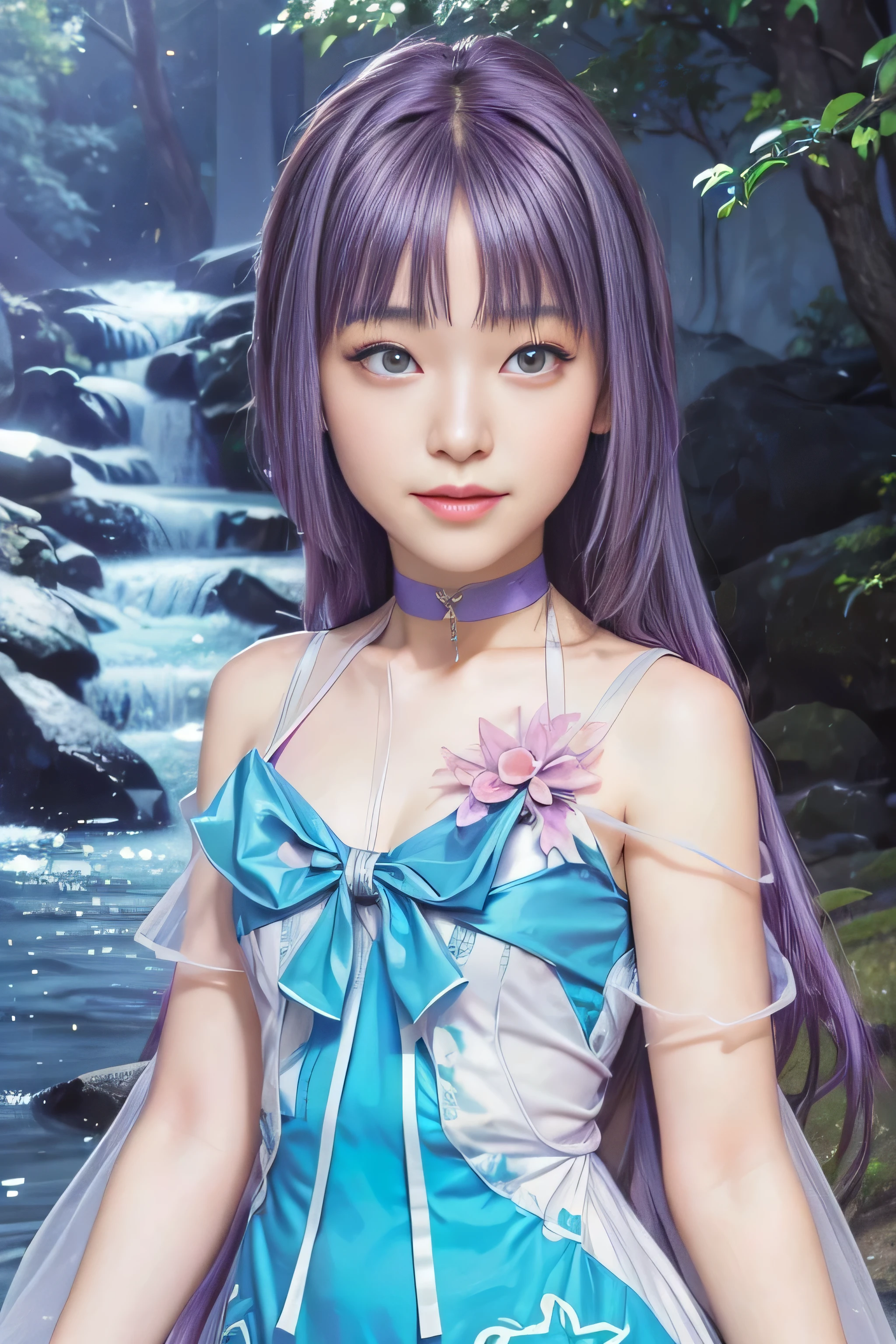 masterpiece, best quality, (realistic,photo-realistic:1.4), (RAW photo:1.2), extremely detailed CG unity 8k wallpaper, delicate and beautiful, amazing,finely detail, official art, absurdres, incredibly absurdres, huge filesize, ultra-detailed,extremely detailed eyes and face,light on face,sumire kakei,(little smile),(purple hair:1.4),(long hair:1.6),(wearing summer dress:1.5),river,choker