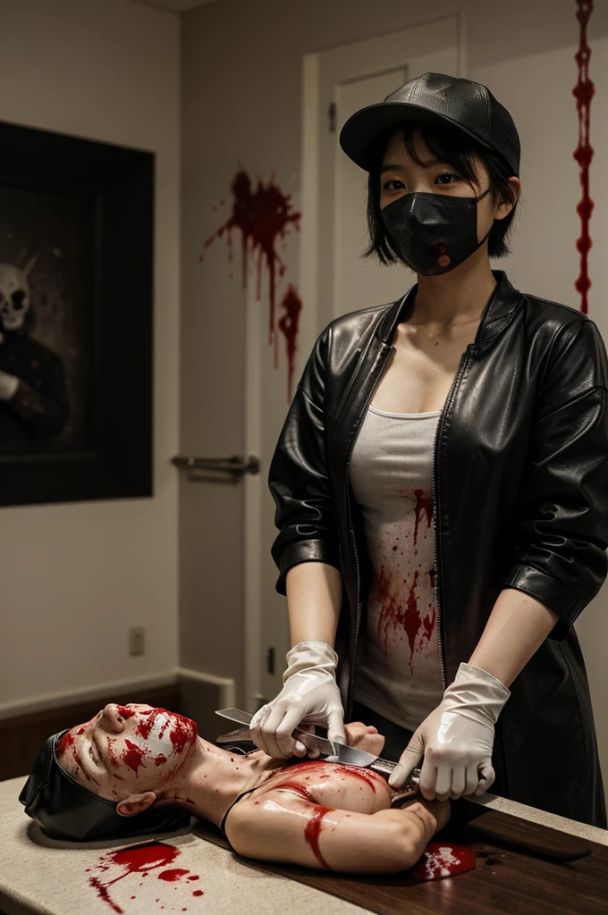 korean girl, (behind corpse, blood splatter), surgical mask, holding knife, stabbing, black raincoat, leather gloves, trucker hat, room full of blood, short hair, holding knife, leather gloves, behind corpse, night, mass murderer, robbery, in the hotel,
