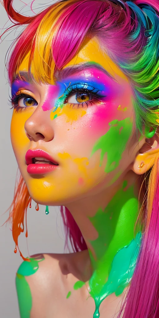 Girl 18 years old with bright makeup and bright hair, digital art inspired by Russell Dongjun Lu, trends on CGSociety, digital art, flowing with color, bright colors, hyperrealism, vibrant realistic colors, dripping with neon paint, Beautiful and colorful, colorful art, Creative ColorFull - Макияж, Colorful colors, colorful photo, cgsociety rich colors, vivid neon colors