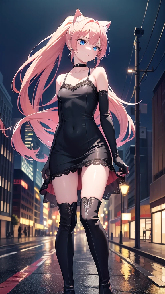 Masterpiece, top quality, best quality, official art, beautiful and aesthetic, anime, 1girl,extremely detailed, colorful, more detailed ((ultra-detailed)), (highly detailed CG illustration),Best Quality, High resolution, Unity 8k Wallpaper, (Illustration:0.8), (Beautiful detailed eyes:1.6), extra detailed face, Perfect Lighting, extremely details CG, (Perfect hands, Perfect Anatomy),city,street,night,wet road,reflections,lights,red long hair, cat ears,ponytail,blue eyes, barrette,black choker,earrings,skinny fit,medium breast,lace gloves,shoulders, small ass,long dress,cleavege,fishnet pantyhoes, over the knee boots, in center, staying in front to camera, from below, full body shot.