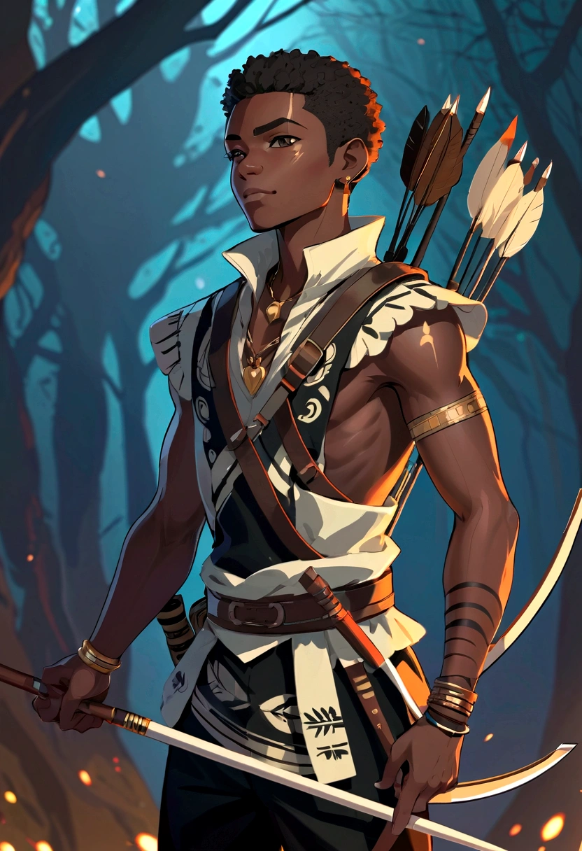 Anime style African archer boy full body:1.2, Shaped with strength and sharp nails, Wearing an African vest jacket and black pants, In a dark environment with high contrast. Soft face, There are multiple scars on both arms., There are no marks on the face, Smile.