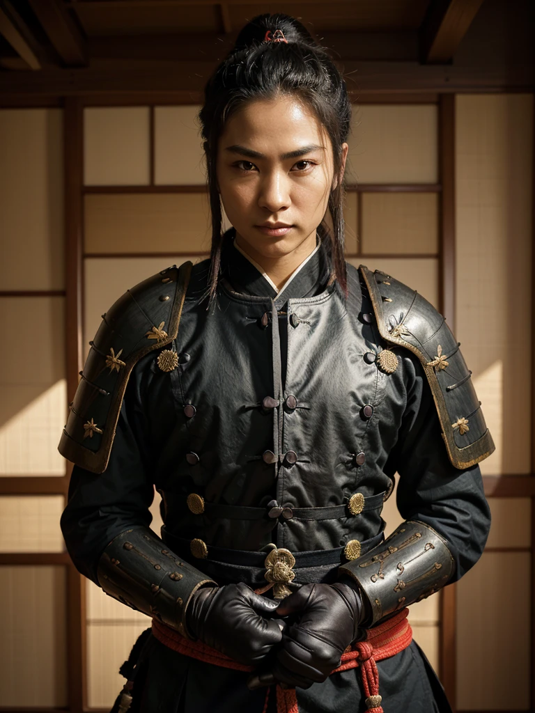 Samurai Suit: May include traditional Japanese armor (yoroi) made of metal, ties and fabrics, usually ornamented and adapted to reflect the culture and origin of the black samurai.canons: Can hold weapons like katana (japanese sword), Wakizashi (short sword), or other traditional Japanese weapons, adorned in a way that matches the aesthetics and history of the black samurai.Physiognomy and Appearance: Facial features that reflect African ancestry, like skin color, eye shape, nose and hair, combined with typical traits of a samurai warrior.historical context: The image may be set in a historical Japanese setting, like battlefields, castles, or during specific periods in Japanese history, such as the Edo period or earlier periods.Symbolism and Meaning: The representation may have a broader symbolic meaning, highlighting cultural diversity, the union of different warrior traditions, or the subversion of common cultural expectations.artistic style: Can range from realistic to stylized, depending on the creator's artistic interpretation, with colors, lines and shadows that emphasize the strength and discipline associated with samurai.