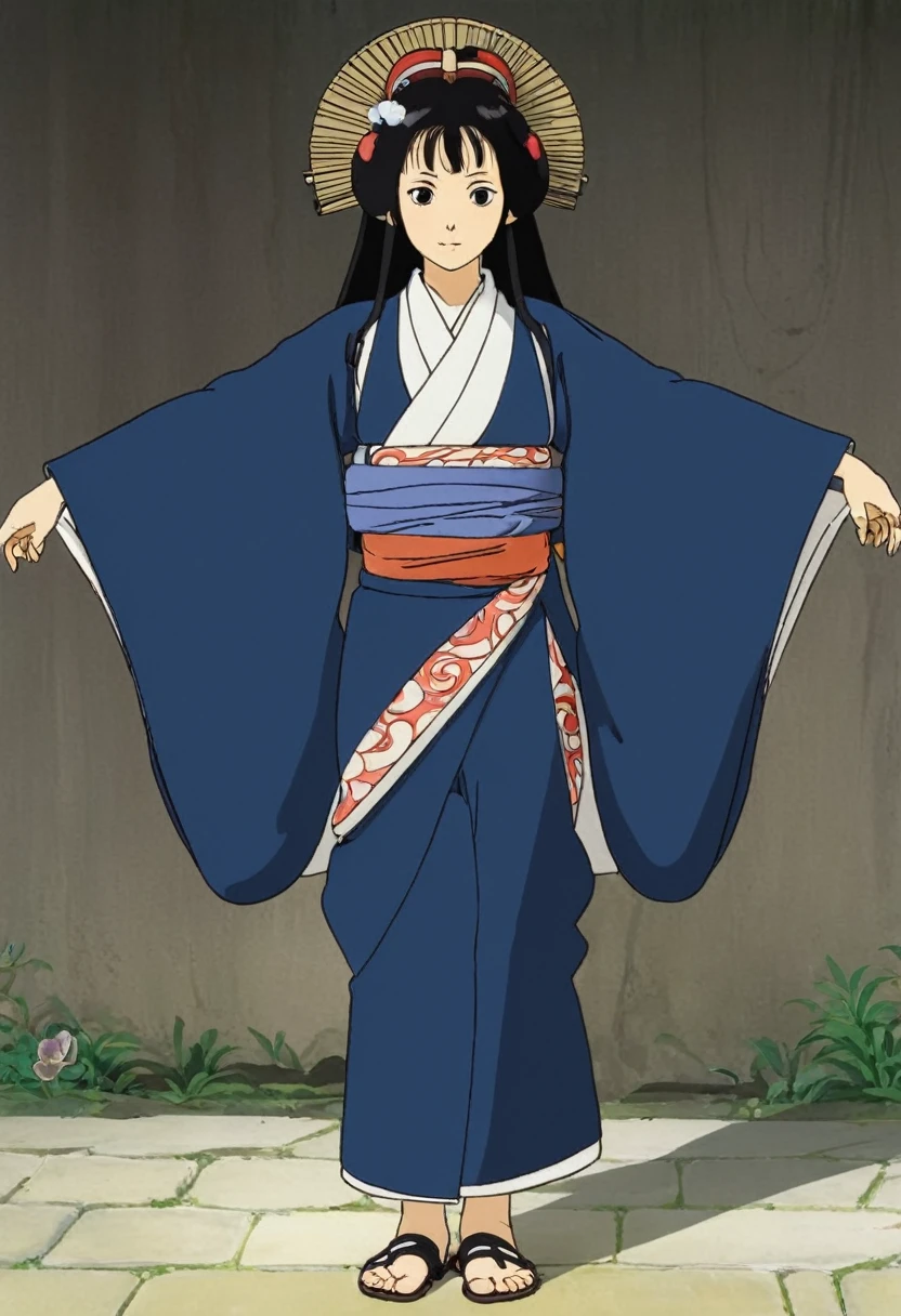 A Ghibli's studio character (2D). She have long black hair . She wears traditional dark oiran clothes . she have multiple arms