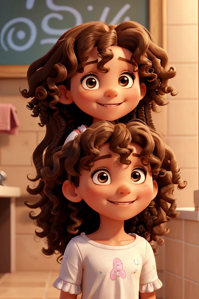 4 year old girl, shoulder length curly hair, brown, olhos brown e brilhantes, happy and smiling, very smart. with his father and mother with long curly hair.