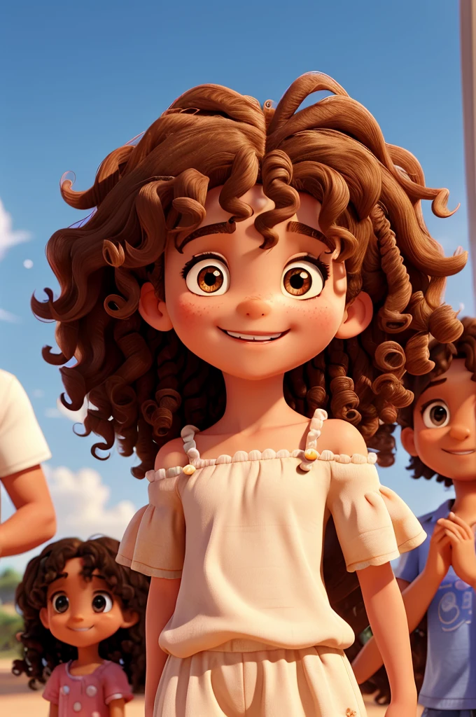 4 year old girl, shoulder length curly hair, brown, olhos brown e brilhantes, happy and smiling, very smart. with his father and mother with long curly hair.