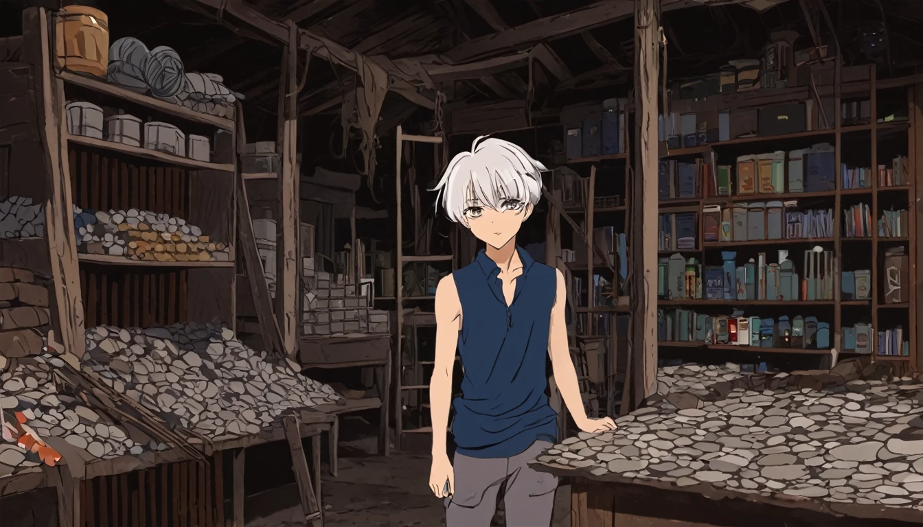 Young white hair stylist boy ayush(anime style) ,Ayush, a young artist, exploring an ancient, dusty store during summer vacation.( Horror anime style)