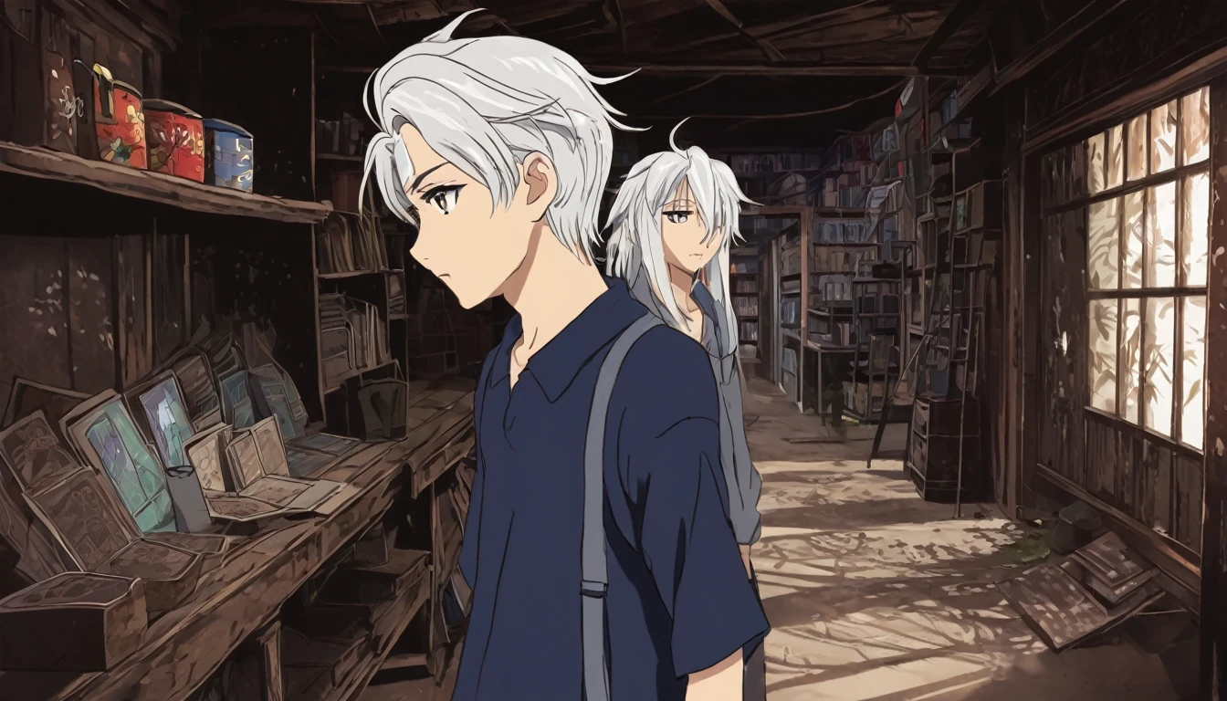 Young white hair stylist boy ayush(anime style) ,Ayush, a young artist, exploring an ancient, dusty store during summer vacation.( Horror anime style)