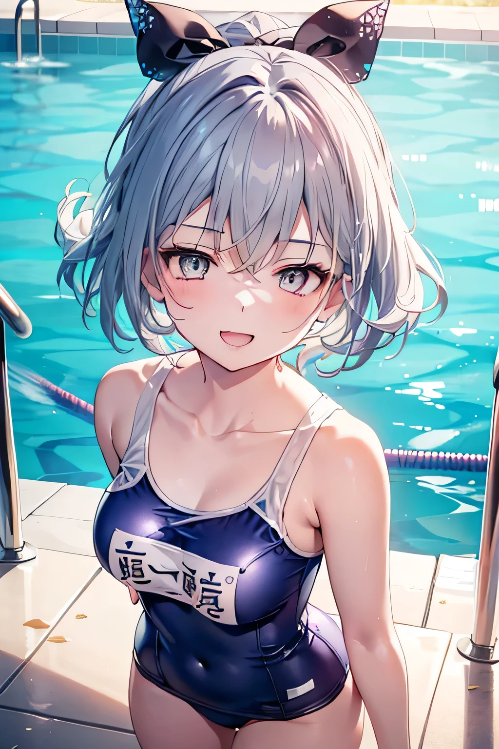 1girl , (silver wolf,ginrou), bangs, (Silver Hair,Grey Eyes),happy smile, smile, Open your mouth,((School Swimsuit、School swimsuit)),Real Summer,Daytime,sunny,My hair is blowing in the wind,whole bodyがイラストに入るように,Slender body,
Destroy outdoors, School,Pool,
壊す looking at viewer,Beautiful breasts,Medium chest,whole body,Breaking the angle from above (masterpiece:1.2), Highest quality, High resolution, unity 8k wallpaper, (shape:0.8), (Beautiful details:1.6), Highly detailed face, Perfect lighting, Extremely detailed CG, (Perfect hands, Perfect Anatomy), 