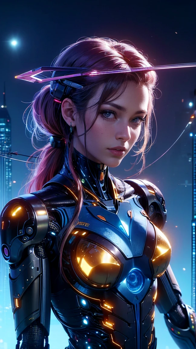 top quality, future world, State-of-the-art robot, Beautiful Woman, flying hair, (Transformed into a cyborg except for the face), sexy images, whole body photo, ((archer, bow, arrow))