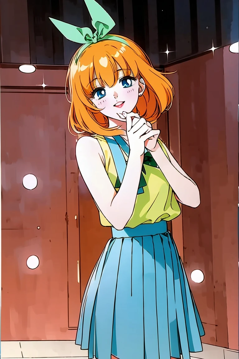 Yotsuba nakano, green ribbon, dancing in the moonlight, dynamic pose, moonlight background, full body, dancing girl, pretty flowing dress, wind, sweet dreamy face, (Old anime, vintage anime, 90's anime style, naoko takeuchi style, masterpiece、top-quality, Official art、Beautifully Aesthetic:1.2)、(a beauty girl:1.3)、vivid colours、colourful, magical photography, dramatic lighting, intricate details, (1 girl, solo, alone), , sfw, nakano_yotsuba, blue eyes, indigo eyes, aayotsuba, sparkling blue eyes, sfw, pretty age girl with shoulder length orange hair, hair ribbon, green ribbon, heart shaped lips and blue eyes making a cute face, blushing, aayotsuba, Nakano yotsuba from The Quintessential Quintuplets, yotsuba Nakano, masterpiece, 4k, ultradetailed, cowboy shot, shoulder lenght orange hair,, blushing,, blue eyes, innocent, pure, kawaii, tender, lovely, cheery, cute
