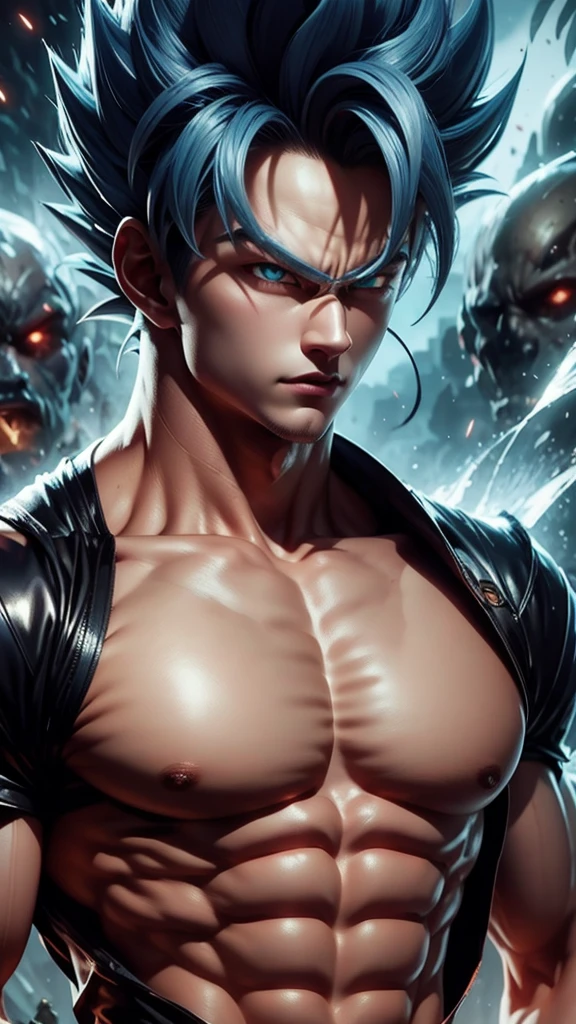 A true masterpiece of masculine beauty. Gohan, super sayagin 5, 20 years old, Wears a martial arts outfit and fights in a haunted and abandoned city, solo. Moonlight accentuates muscles just right. The landscape is lush and mysterious, with a dark city. The camera details everything. When looking at beautiful eyes, attractive blue eyes facing the viewer, one can clearly see every small detail, every perfect line, every detail of beautiful 8K quality skin, everyone is captivated by the beauty. Confidence radiates from every look. His head has white hair and his face is meticulously detailed in 8K quality images. Is a character in the Dragon Ball Seven series.​