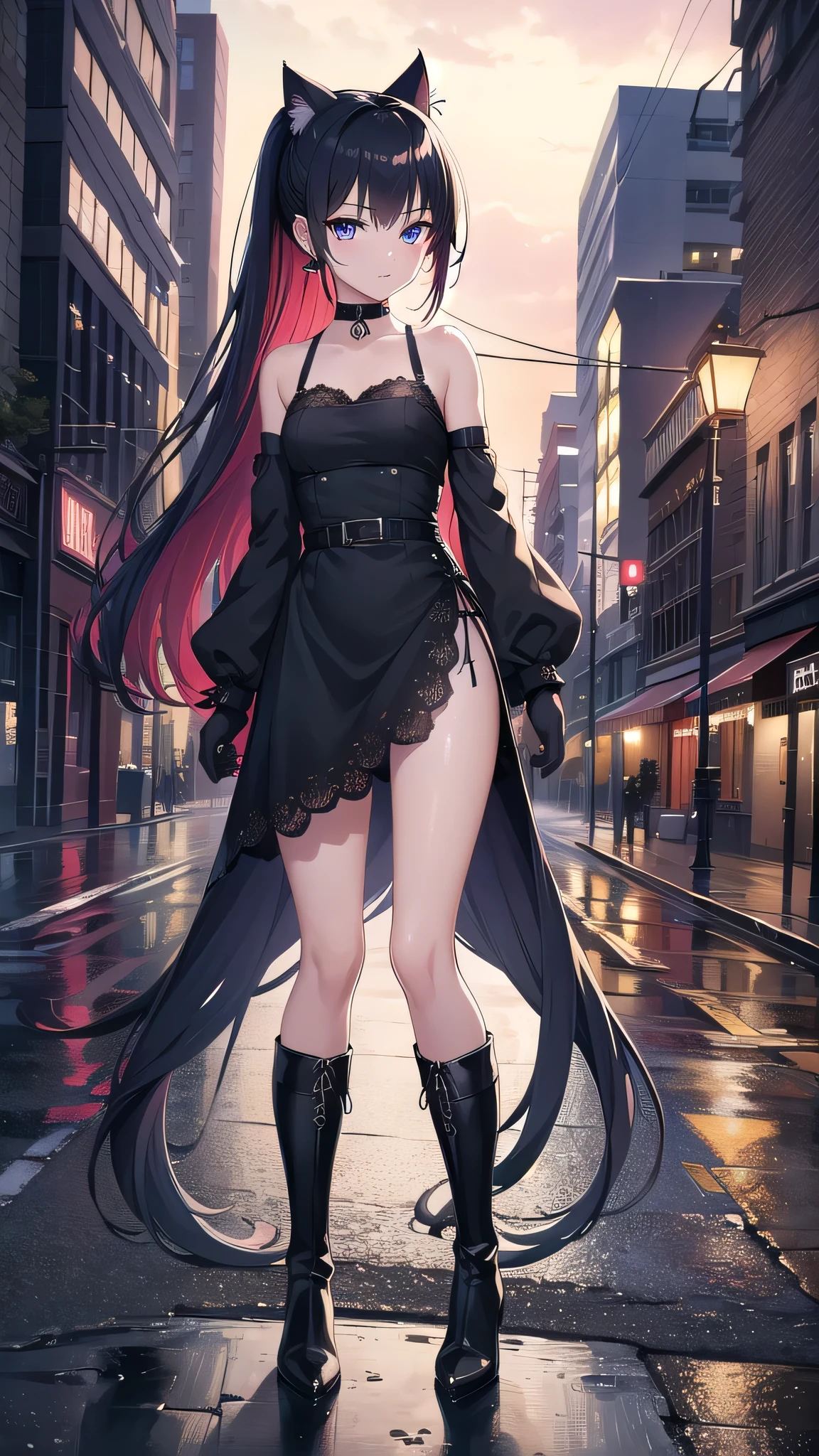 Masterpiece, top quality, best quality, official art, beautiful and aesthetic, anime, 1girl,extremely detailed, colorful, more detailed ((ultra-detailed)), (highly detailed CG illustration),Best Quality, High resolution, Unity 8k Wallpaper, (Illustration:0.8), (Beautiful detailed eyes:1.6), extra detailed face, Perfect Lighting, extremely details CG, (Perfect hands, Perfect Anatomy),city,street,night,wet road,reflections,lights,red long hair, cat ears,ponytail,blue eyes, barrette,black choker,earrings,skinny fit,medium breast,lace gloves,shoulders, small ass,long dress,cleavege,fishnet pantyhoes, over the knee boots, in center, staying in front to camera, from below, full body shot.