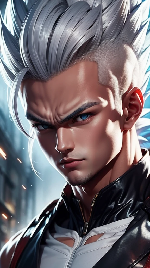 A true masterpiece of masculine beauty. Vegeta, super sayagin 5, 20 years old, Wears a martial arts outfit and fights in a haunted and abandoned city, solo. Moonlight accentuates muscles just right. The landscape is lush and mysterious, with a dark city. The camera details everything. When looking at beautiful eyes, attractive blue eyes facing the viewer, one can clearly see every small detail, every perfect line, every detail of beautiful 8K quality skin, everyone is captivated by the beauty. Confidence radiates from every look. His head has white hair and his face is meticulously detailed in 8K quality images. Is a character in the Dragon Ball Seven series.​