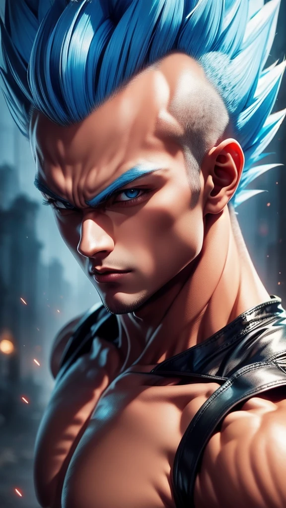 A true masterpiece of masculine beauty. Vegeta, super sayagin 5, 20 years old, Wears a martial arts outfit and fights in a haunted and abandoned city, solo. Moonlight accentuates muscles just right. The landscape is lush and mysterious, with a dark city. The camera details everything. When looking at beautiful eyes, attractive blue eyes facing the viewer, one can clearly see every small detail, every perfect line, every detail of beautiful 8K quality skin, everyone is captivated by the beauty. Confidence radiates from every look. His head has white hair and his face is meticulously detailed in 8K quality images. Is a character in the Dragon Ball Seven series.​