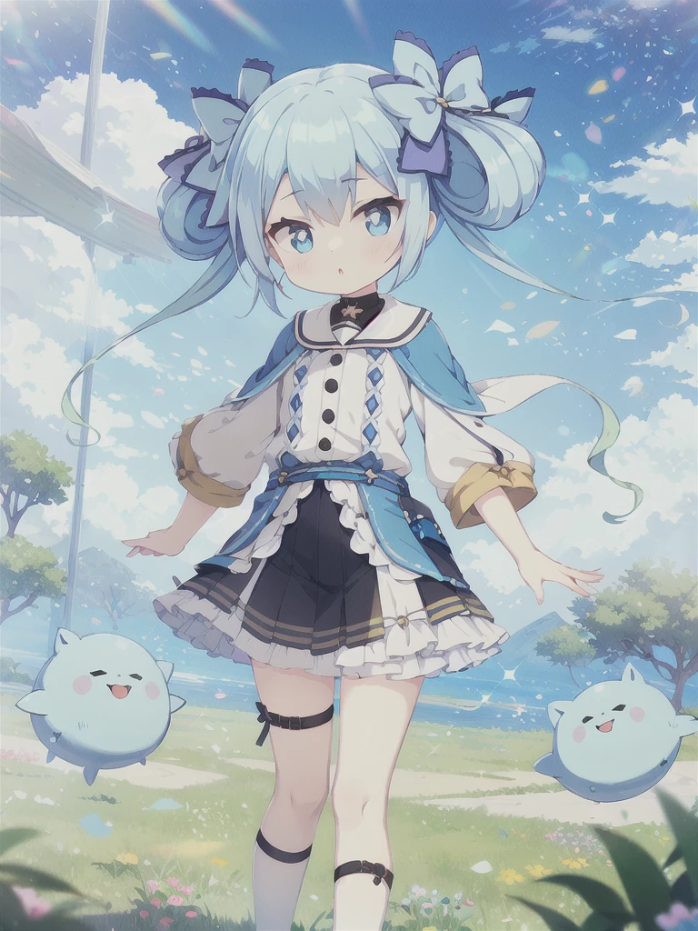 Blue Hair, Twin tails, Hair between the eyes, 紫のhair bow, eyebrows visible through hair,Floating Island,grassland,Are standing,