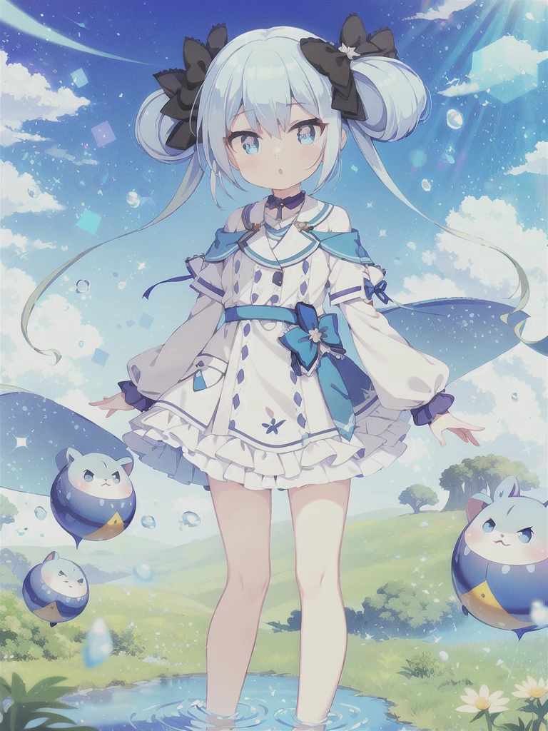 Blue Hair, Twin tails, Hair between the eyes, 紫のhair bow, eyebrows visible through hair,Floating Island,grassland,Are standing,