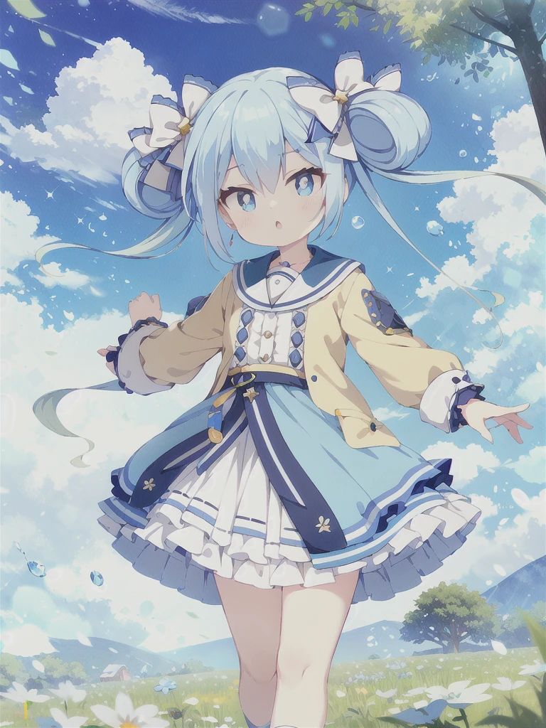 Blue Hair, Twin tails, Hair between the eyes, 紫のhair bow, eyebrows visible through hair,Floating Island,grassland,Are standing,