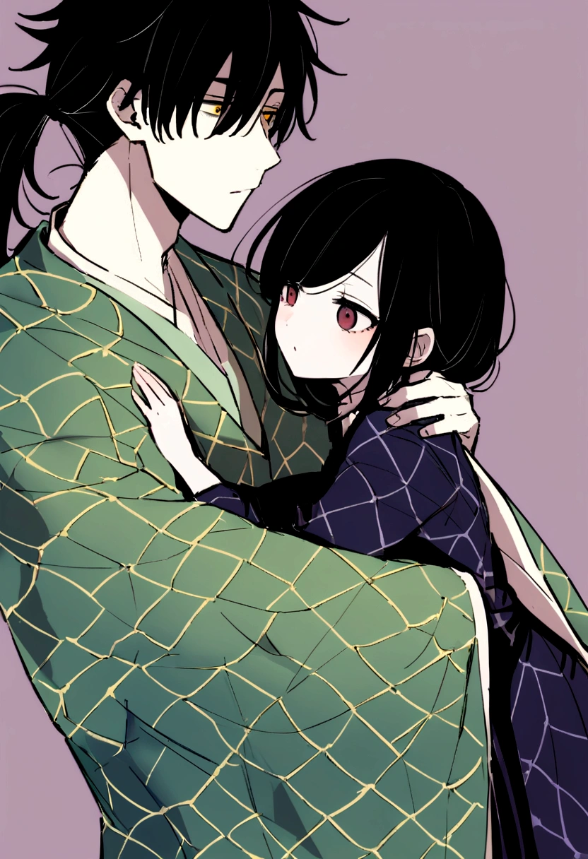 Tall young man, thin with pale skin, expression would be, unkempt black hair of uneven lengths sticking out in piglets around her head and she wears it in a low, messy ponytail, His bangs fall over his eyes, forming uneven bangs., dark sapphire eyes. Wear a haori divided in half with two different patterns: the right a solid dark red and the left a geometric pattern of green rhombuses, Orange and yellow. Accompanied by a short girl with pale skin, blonde with messy shoulder-length hair that hangs partially in front of her face and half-closed black-iris eyes, wears a light green haori with darker seed-shaped patterns, a ambos se los ve desde la cintura hacia arriba teniendo un hug romántico y tranquilo, hug, boy and girl, romance