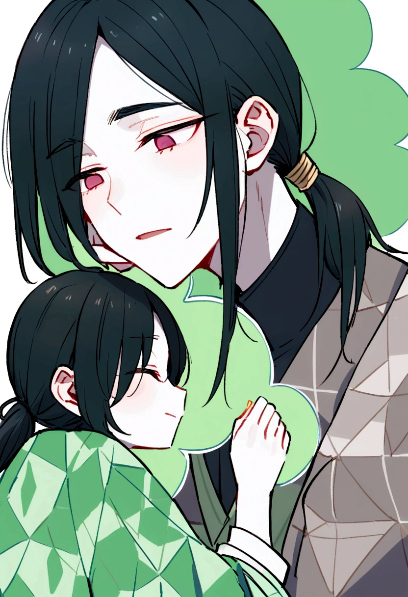Tall young man, thin with pale skin, expression would be, unkempt black hair of uneven lengths sticking out in piglets around her head and she wears it in a low, messy ponytail, His bangs fall over his eyes, forming uneven bangs., dark sapphire eyes. Wear a haori divided in half with two different patterns: the right a solid dark red and the left a geometric pattern of green rhombuses, Orange and yellow. Accompanied by a short girl with pale skin, blonde with messy shoulder-length hair that hangs partially in front of her face and half-closed black-iris eyes, wears a light green haori with darker seed-shaped patterns, a ambos se los ve desde la cintura hacia arriba teniendo un hug romántico y tranquilo, hug, boy and girl, romance