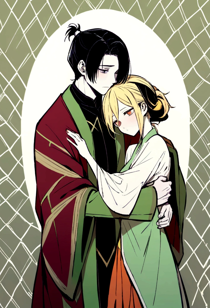 Tall young man, thin with pale skin, expression would be, unkempt black hair of uneven lengths sticking out in piglets around her head and she wears it in a low, messy ponytail, His bangs fall over his eyes, forming uneven bangs., dark sapphire eyes. Wear a haori divided in half with two different patterns: the right a solid dark red and the left a geometric pattern of green rhombuses, Orange and yellow. Accompanied by a short girl with pale skin, blonde with messy shoulder-length hair that hangs partially in front of her face and half-closed black-iris eyes, wears a light green haori with darker seed-shaped patterns, a ambos se los ve desde la cintura hacia arriba teniendo un hug romántico y tranquilo, hug, boy and girl, romance