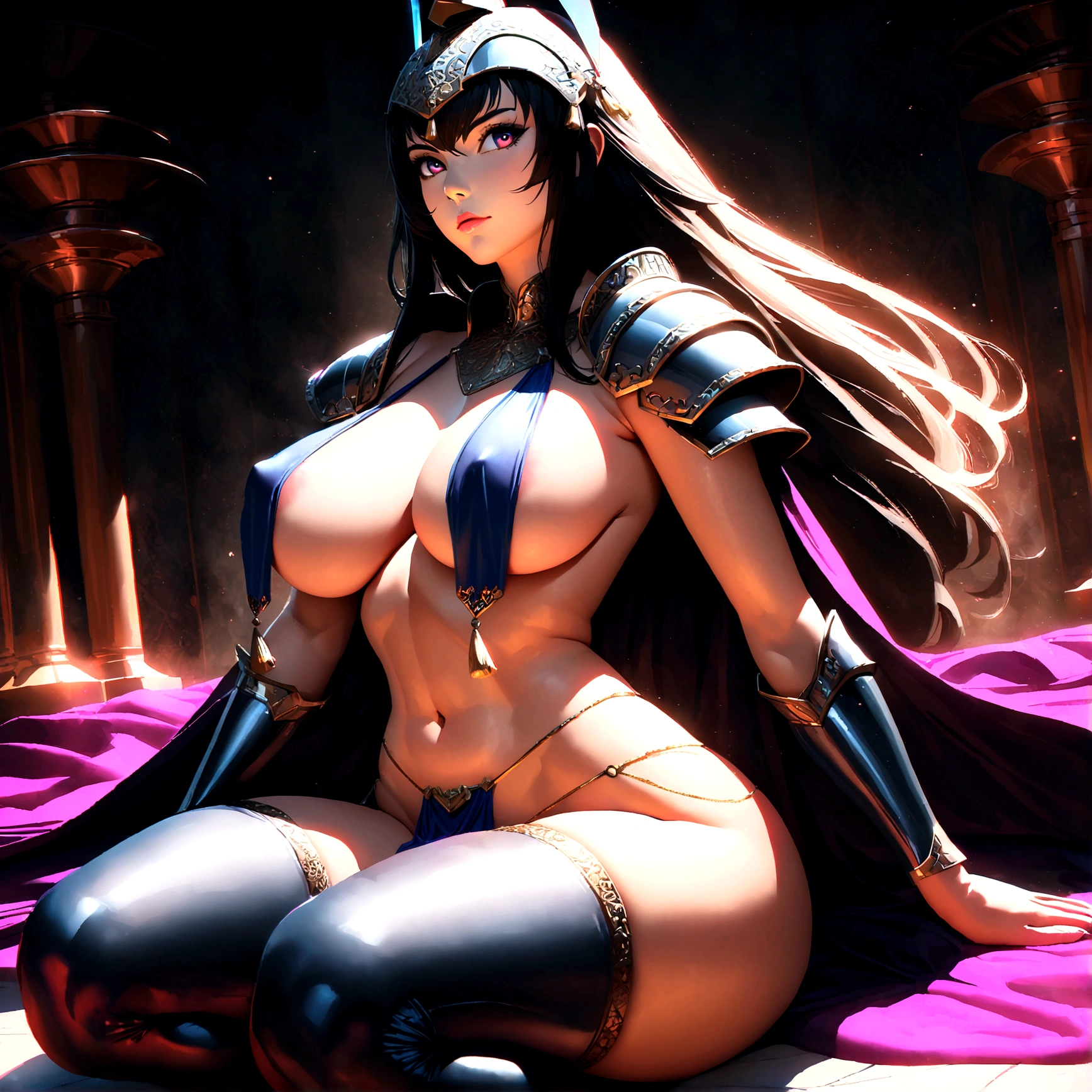 busty bimbo persian warrior, (((persian))), (persian facial features), (persian body shape), glossy eyes, sexy sitting pose, relaxed, ((beautiful)), looking straight, sexy, (serious expression), stoic, ((oriental)), ((hyper sexualized)), raunchy, hourglass body, ((sexy)), (((on her knees))), spear, ((perfect)), (feminine), gold belly chain, persian frilly armored micro corset, persian armored shoulder pads, persian silk thigh highs, persian puffy armored sleeves, naked sexy hips, persian micro breast curtain, persian high rise thong, persian micro billowing cape, persian helmet, voluptuous round juicy , underboob, voluptuous round strong ass, strong thighs, sexy naked hips, hip cleavage, full shapely body, curvy, ornate persian jewelry, vibrant aura, smooth shiny skin, (sexy lighting), persian background, smooth clean lines, ultra textured, highest resolution, maximum quality, max detail, vivid colors, max texture, energetic composition, dramatic lighting, crystal clear, depth perspective, high contrast, seamlessly blended, photorealistic, chromatic aberration, subpixel precision, bokeh effect depth art, anamorphic perspective, hdr high dynamic range, spectral color graded, photometric lighting