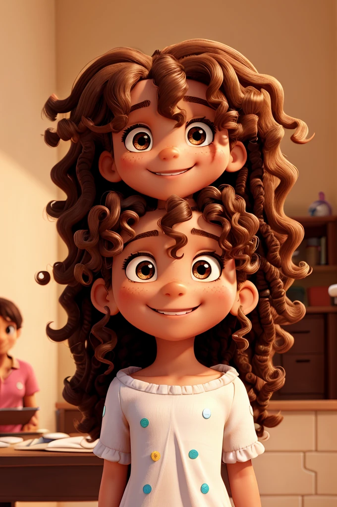 4 year old girl, shoulder length curly hair, brown, olhos brown e brilhantes, happy and smiling, very smart. with his father and mother with long curly hair.
