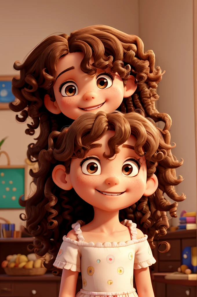 4 year old girl, shoulder length curly hair, brown, olhos brown e brilhantes, happy and smiling, very smart. with his father and mother with long curly hair.