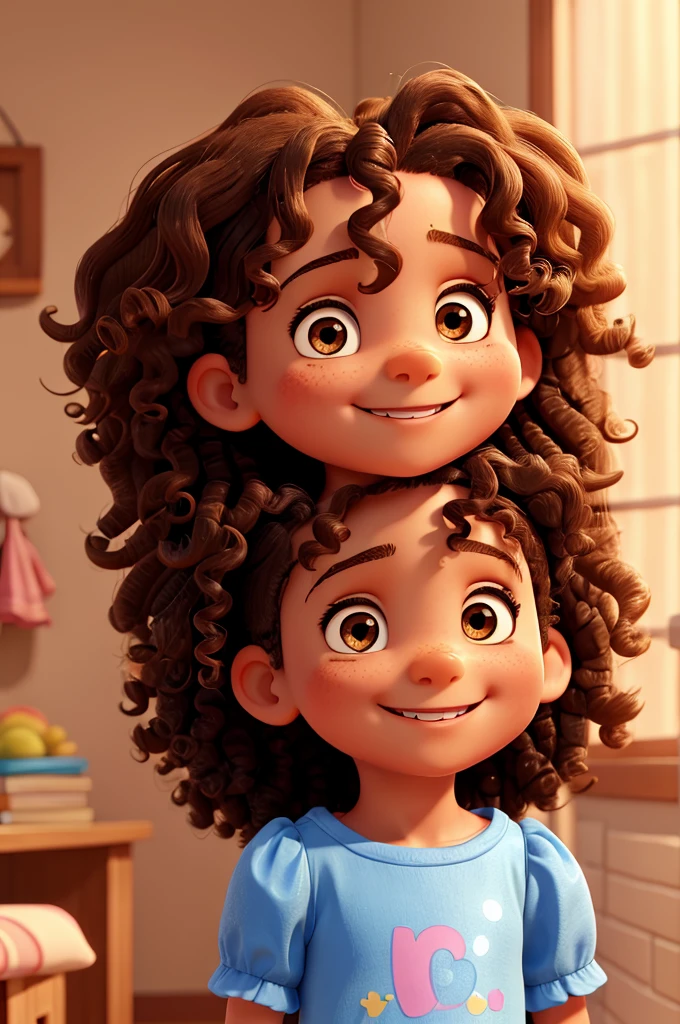 4 year old girl, shoulder length curly hair, brown, olhos brown e brilhantes, happy and smiling, very smart. with his father and mother with long curly hair.