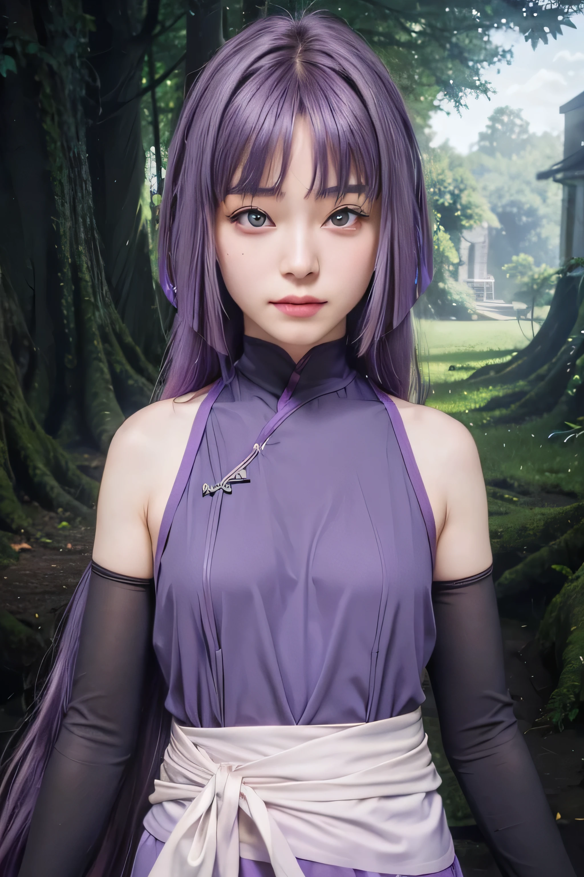 masterpiece, best quality, (realistic,photo-realistic:1.4), (RAW photo:1.2), extremely detailed CG unity 8k wallpaper, delicate and beautiful, amazing,finely detail, official art, absurdres, incredibly absurdres, huge filesize, ultra-detailed,extremely detailed eyes and face,light on face,sumire kakei,(little smile),(purple hair:1.4),(long hair:1.6),(wearing purple clothes:1.4),ruins background