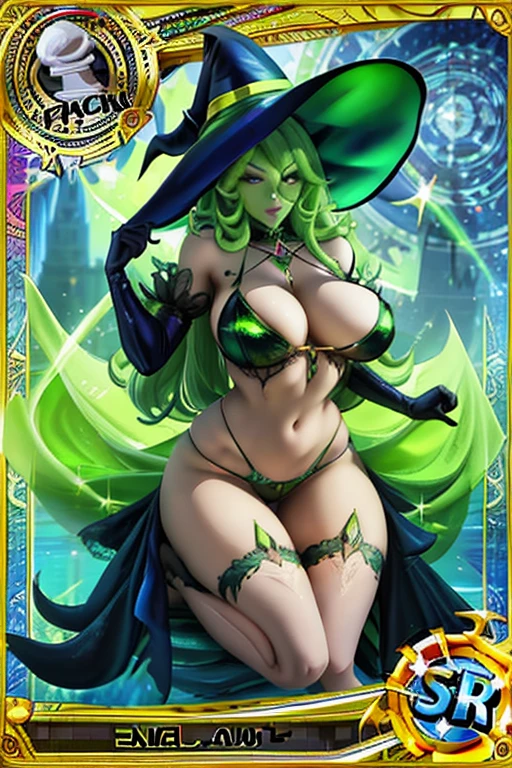 trading card of Wicked Witch , big breast, Sexy pose, sexy dress, green skin