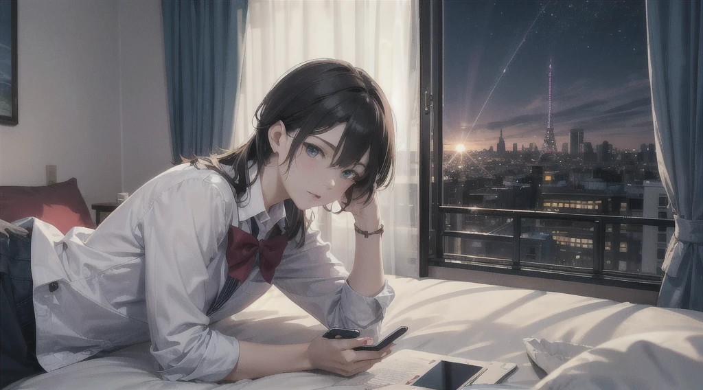 Highest quality(8k)masterpiece、Time: Night(1.8)He is lying on the bed by the window and talking on his cell phone.(1.8)Clothing is high school uniform(1.8)The night view can be seen from the window(1.8)、A room in a high-rise apartment with very large windows(1.8)It's dim in the room.(1.8)、One girl、Very cute、Best Style、Hairstyle(long(1.8))The room is a high school girl's room(1.8)、There are no curtains、