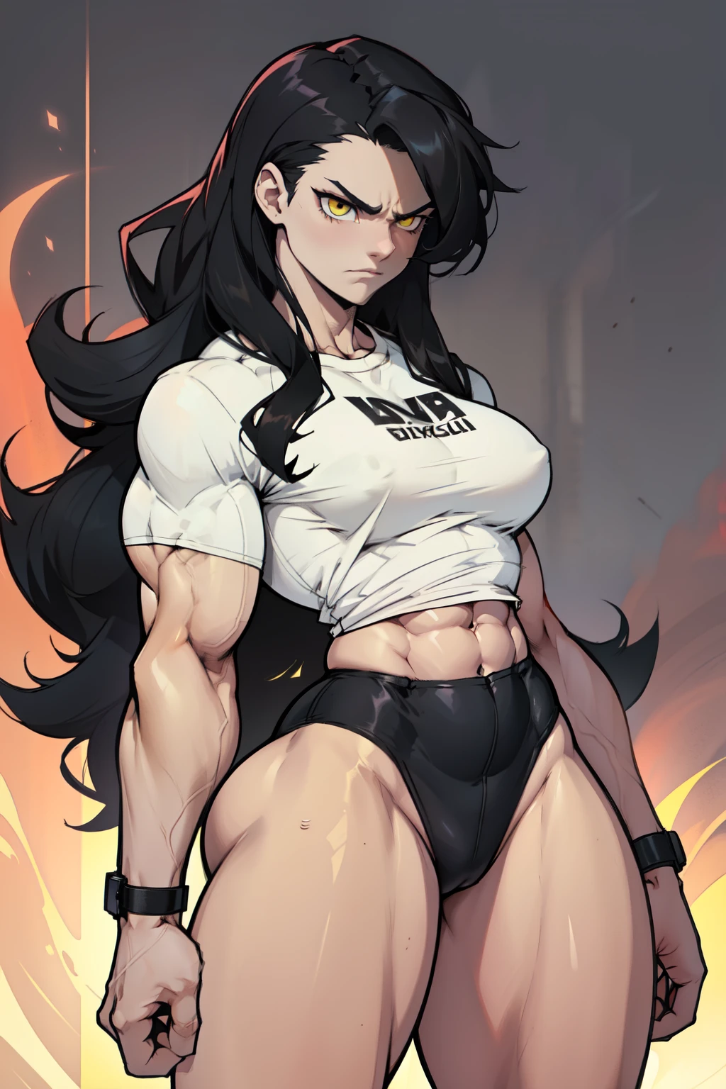 pale skin very long hair 1 girl black hair yellow eyes angry ((1 girl muscular toned body)) bodybuilder curvy wide hips thick thighs tight shirt huge