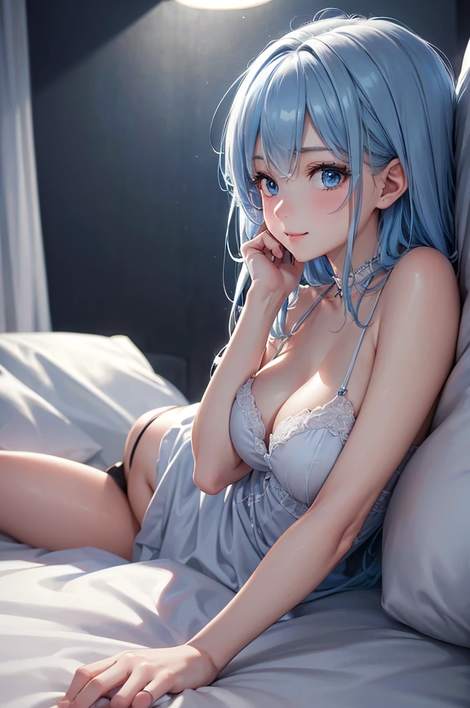 (Best Quality,High resolution,8K,finelity detailed background,Masterpiece:1.2),beautiful girl,Shiny light blue hair,messy hair,Light blue eyes,Gentle look,A refreshing look,Best quality,Best Quality,Aesthetic and aesthetic:1.2,Best details((Super detailed))(High-definition CG illustrations),cuteパジャマ,Slender body,night,Moonlight,Bedroom,On the bed,smile,blush,cute,Scrounge,Looking up,Being spoiled,super model,wariza,shoot from below