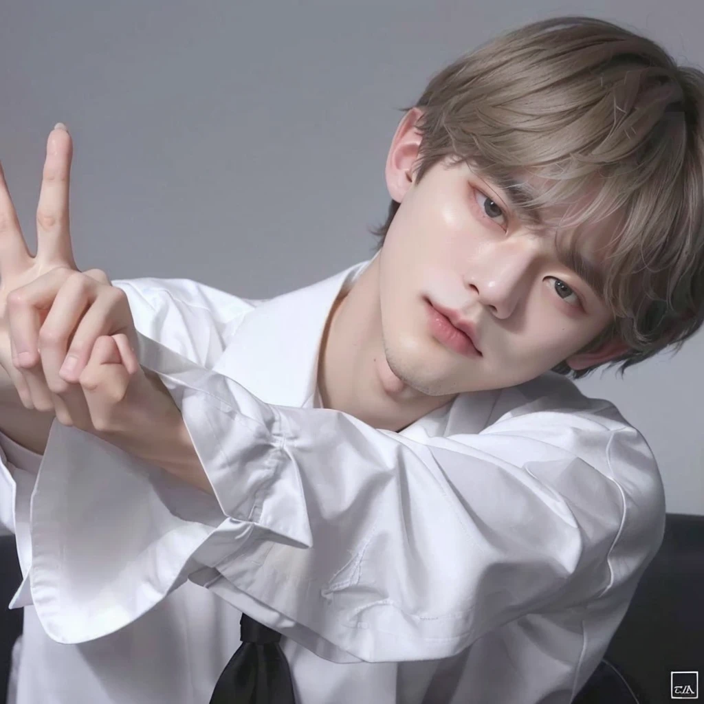 a close up of a person with a white shirt and a white shirt, taehyung eating gucci fries, cai xukun, taehyung, jimin, park jimin, inspired by Kun Can, kim doyoung, taken in the early 2020s, 8k)), very very low quality picture, yanjun chengt, clasps his bangs in one hand