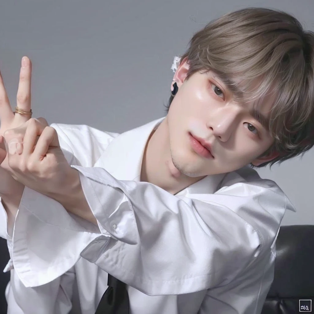 a close up of a person with a white shirt and a white shirt, taehyung eating gucci fries, cai xukun, taehyung, jimin, park jimin, inspired by Kun Can, kim doyoung, taken in the early 2020s, 8k)), very very low quality picture, yanjun chengt, clasps his bangs in one hand